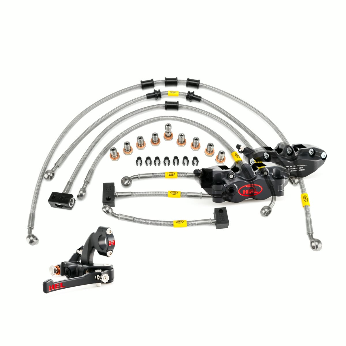 Bremsepakke til Yamaha MT-07: HEL bremseslangesett, et par radialkalipere V2 og tommelbrems