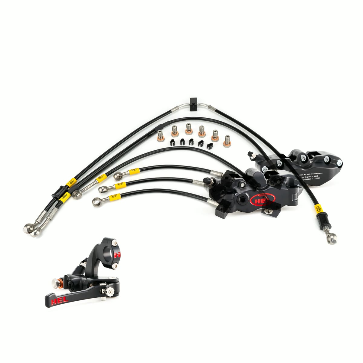 Bremsepakke til Yamaha YZF-R1: HEL bremseslangesett, et par radialkalipere V2 og tommelbrems